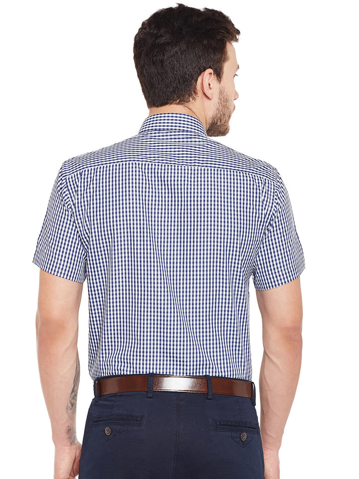 Men Navy Blue and White Gingham Checked Slim Fit Short Sleeve Formal Shirt