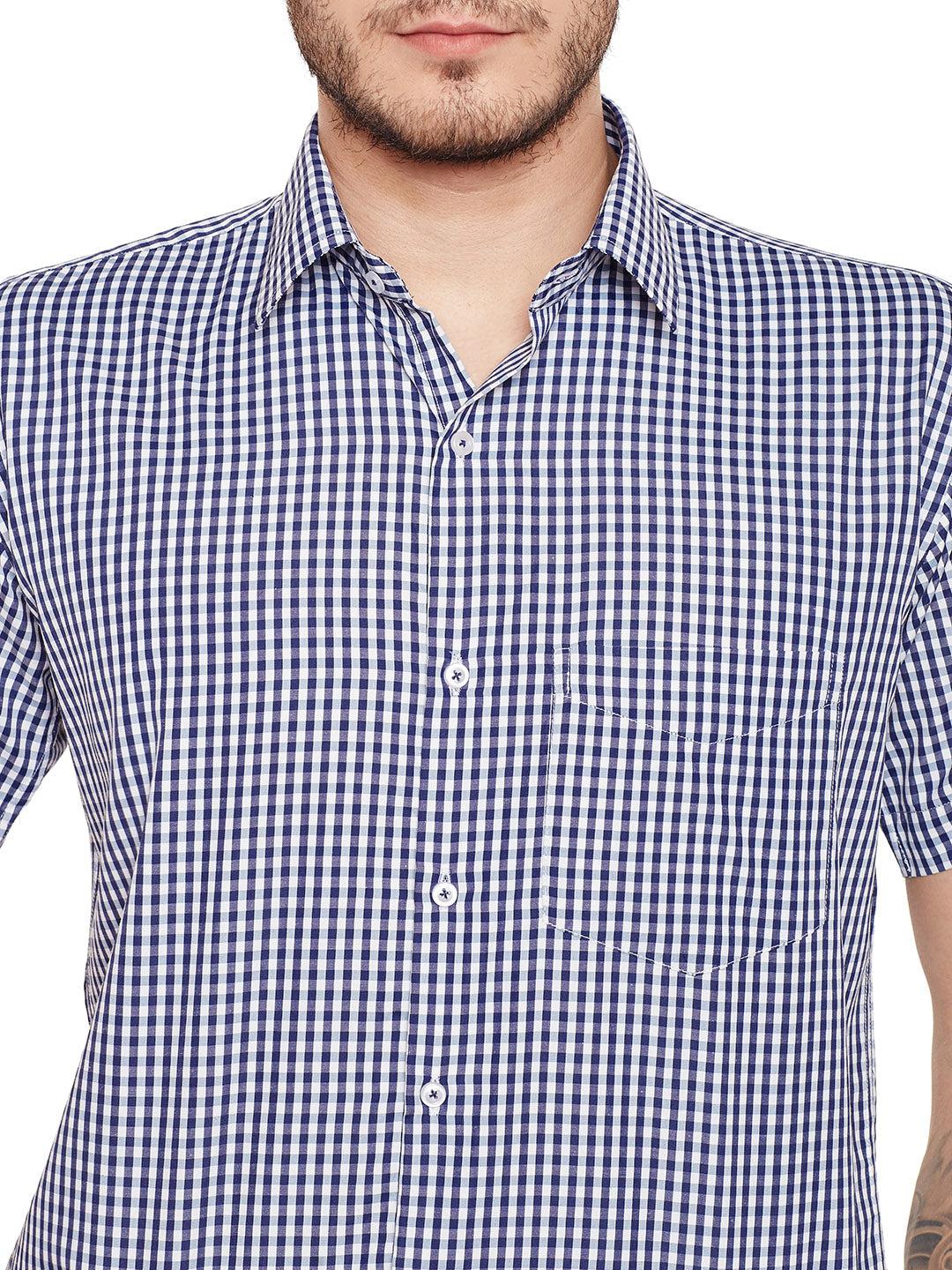 Men Navy Blue and White Gingham Checked Slim Fit Short Sleeve Formal Shirt