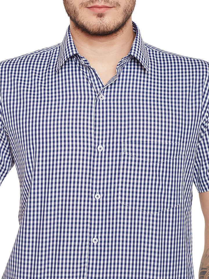 Men Navy Blue and White Gingham Checked Slim Fit Short Sleeve Formal Shirt