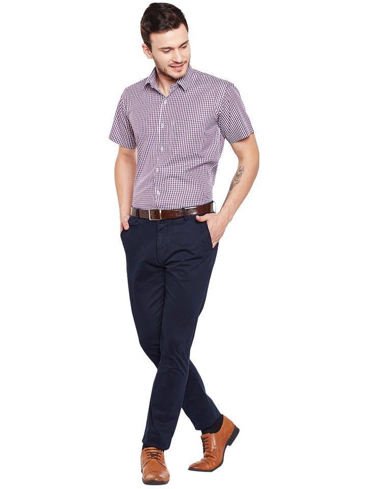 Men Purple and White Gingham Checked Slim Fit Short Sleeve Formal Shirt