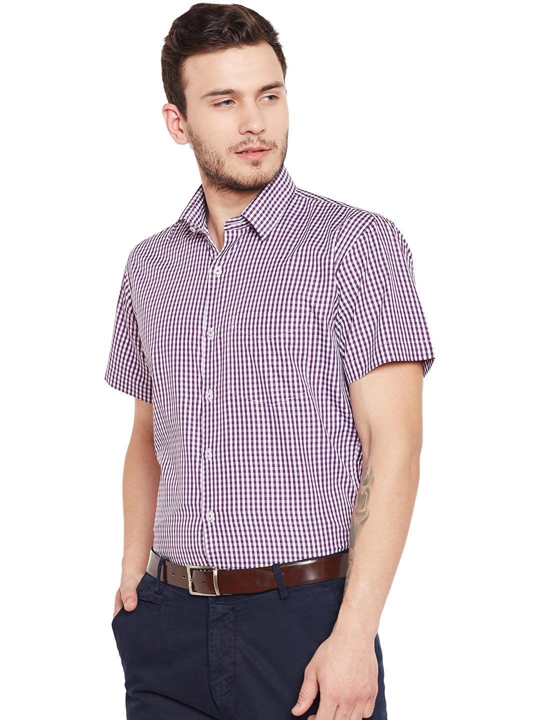 Men Purple and White Gingham Checked Slim Fit Short Sleeve Formal Shirt