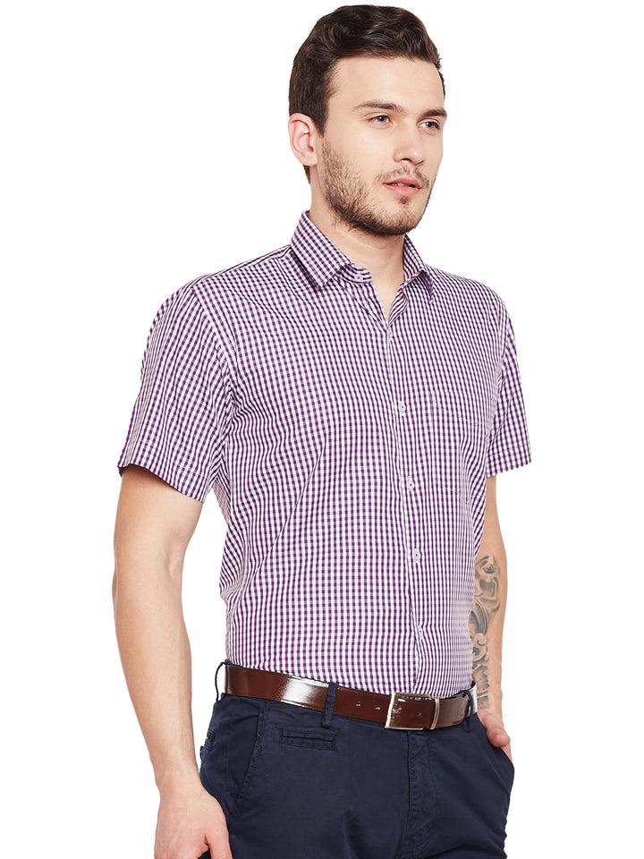 Men Purple and White Gingham Checked Slim Fit Short Sleeve Formal Shirt