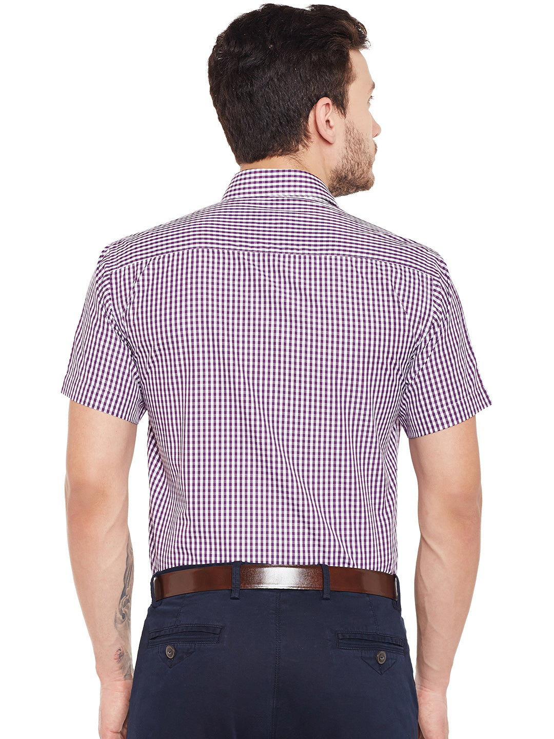 Men Purple and White Gingham Checked Slim Fit Short Sleeve Formal Shirt