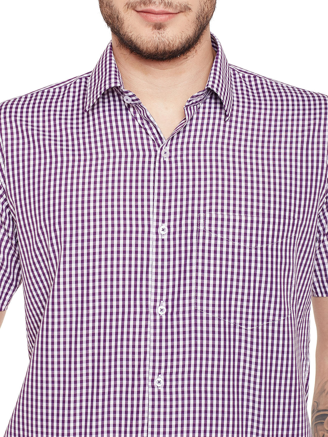 Men Purple and White Gingham Checked Slim Fit Short Sleeve Formal Shirt