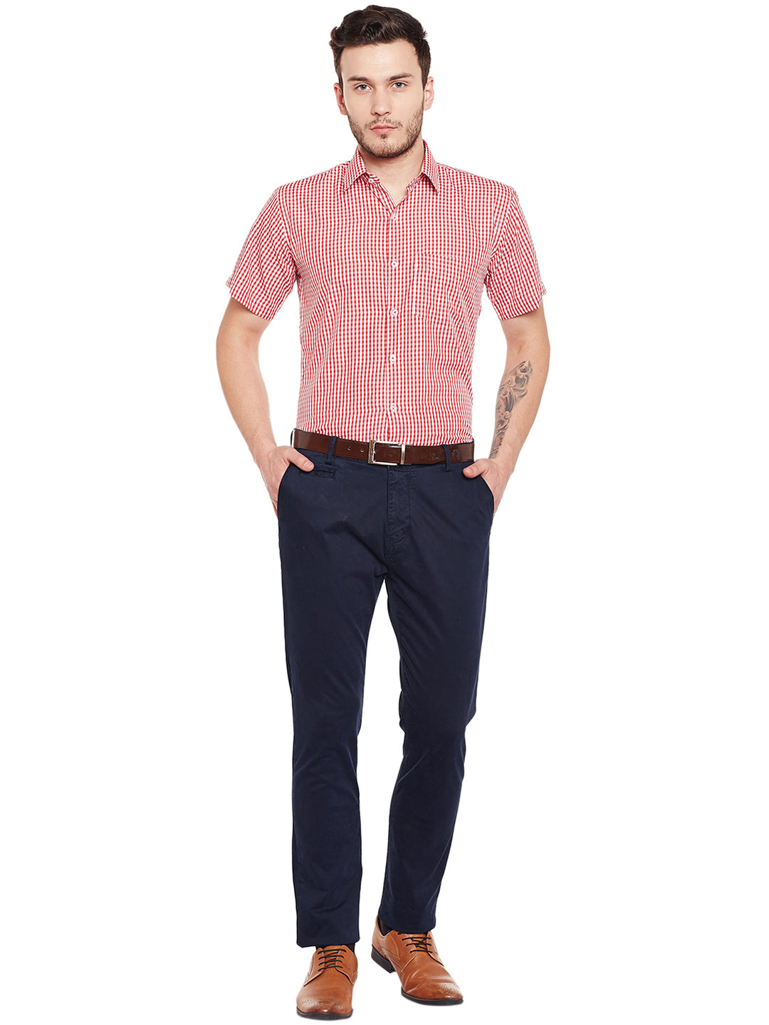 Men Red and White Gingham Checked Slim Fit Short Sleeve Formal Shirt