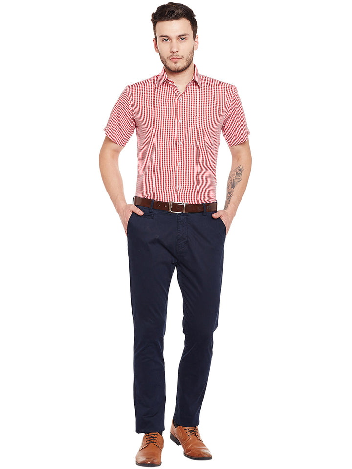 Men Red and White Gingham Checked Slim Fit Short Sleeve Formal Shirt