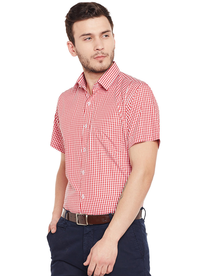 Men Red and White Gingham Checked Slim Fit Short Sleeve Formal Shirt