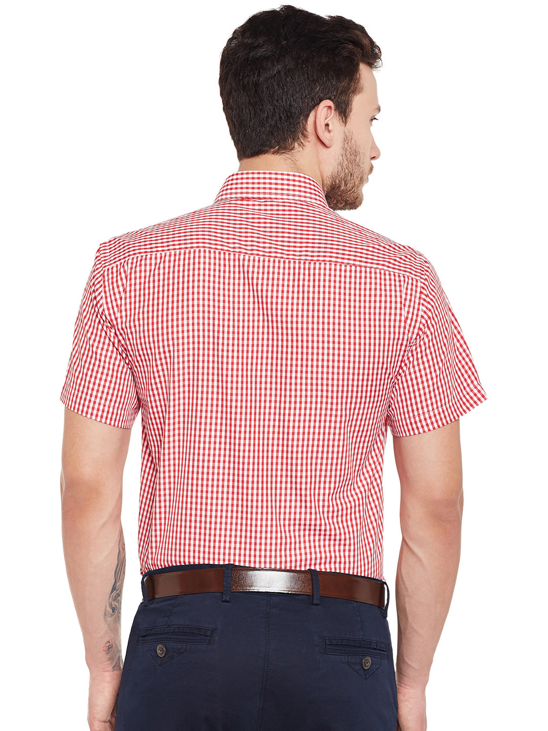 Men Red and White Gingham Checked Slim Fit Short Sleeve Formal Shirt