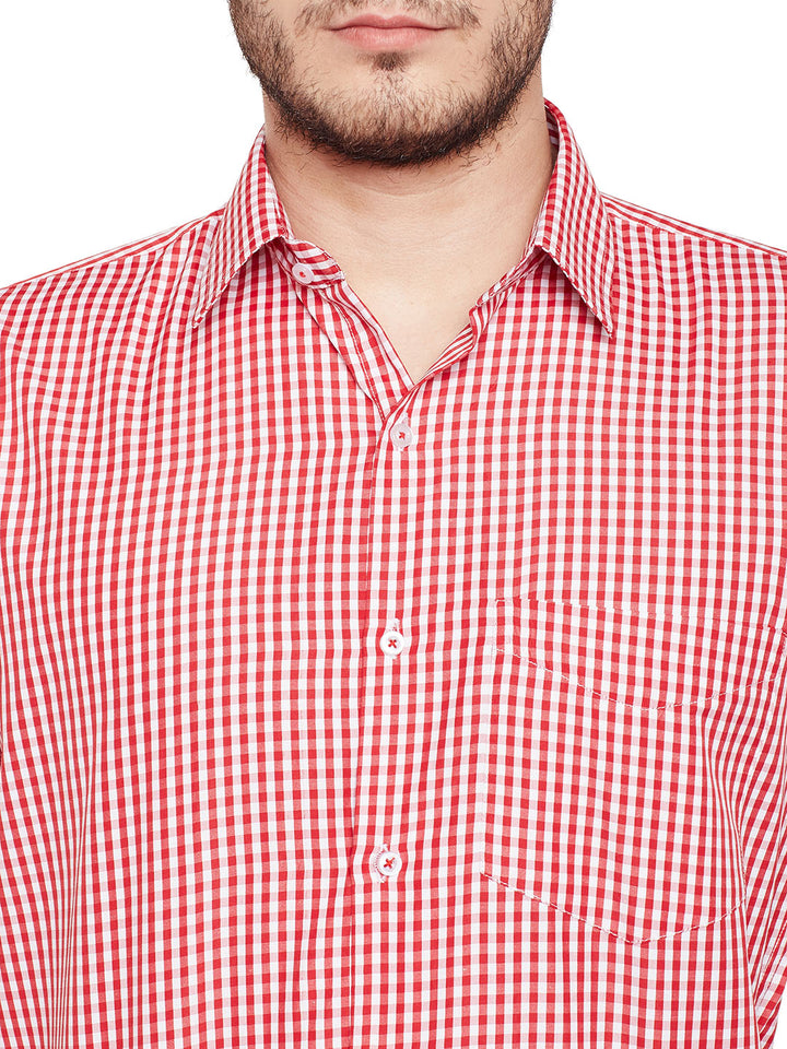 Men Red and White Gingham Checked Slim Fit Short Sleeve Formal Shirt