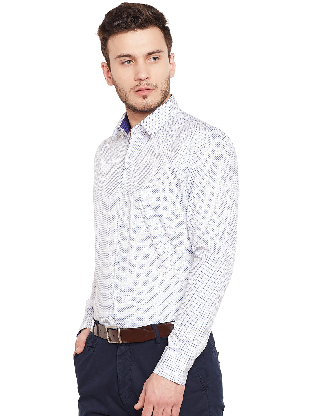 Men White Printed Pure Cotton Slim Fit Formal Shirt