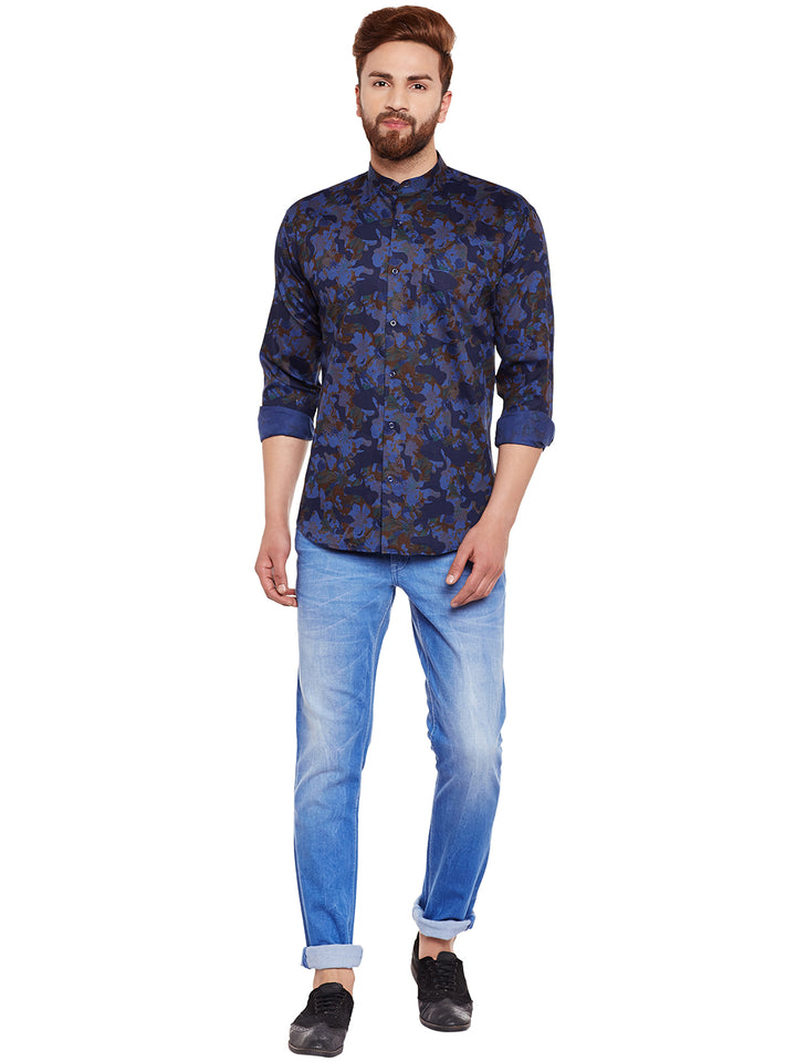 Men Blue Camouflage Printed Pure Cotton Slim Fit Casual Shirt