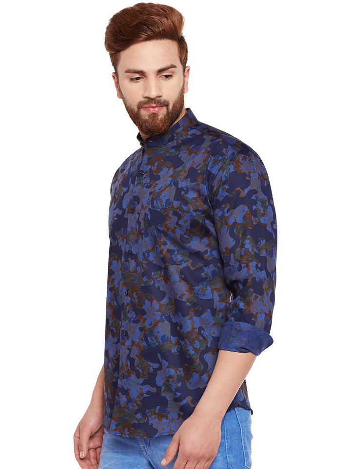 Men Blue Camouflage Printed Pure Cotton Slim Fit Casual Shirt