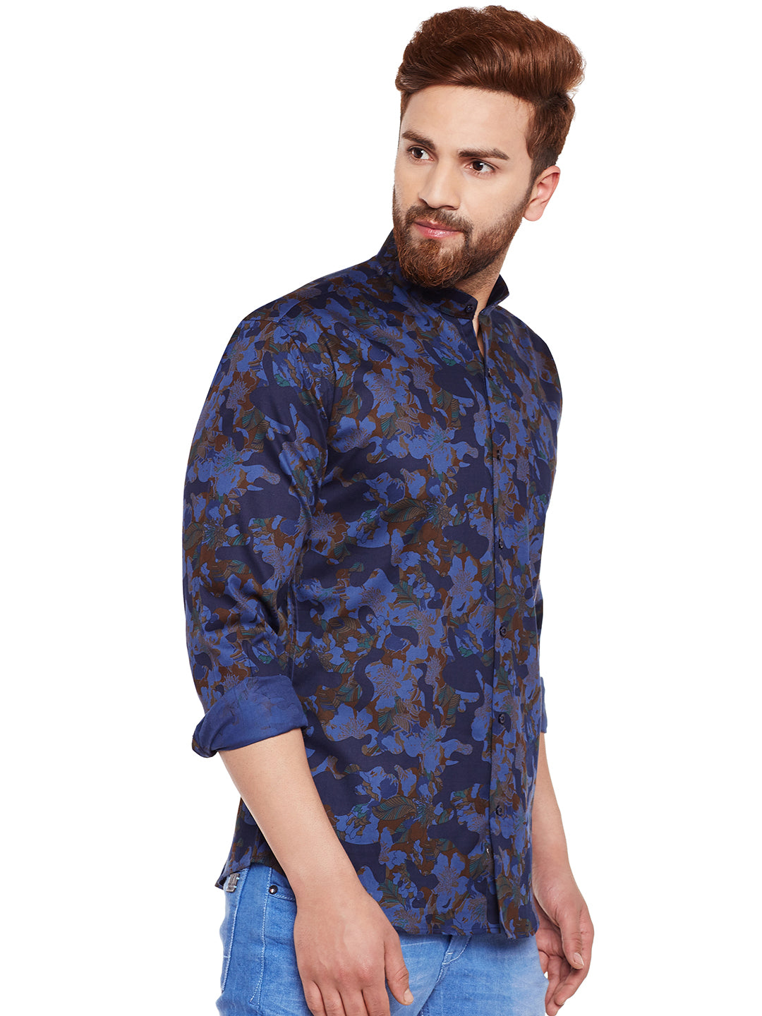 Men Blue Camouflage Printed Pure Cotton Slim Fit Casual Shirt