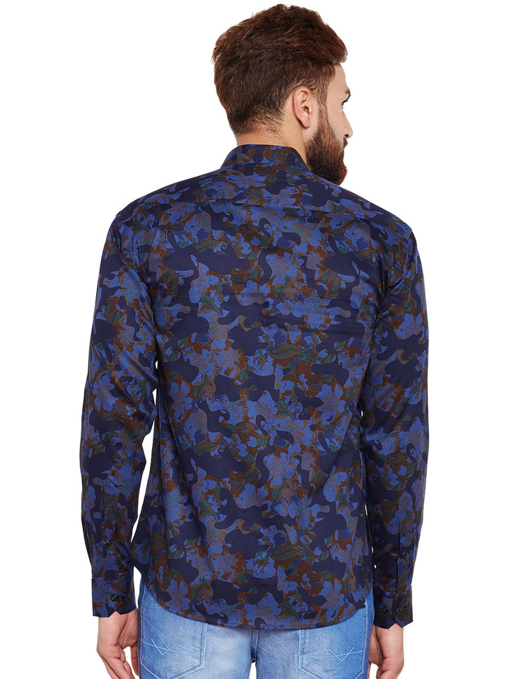 Men Blue Camouflage Printed Pure Cotton Slim Fit Casual Shirt