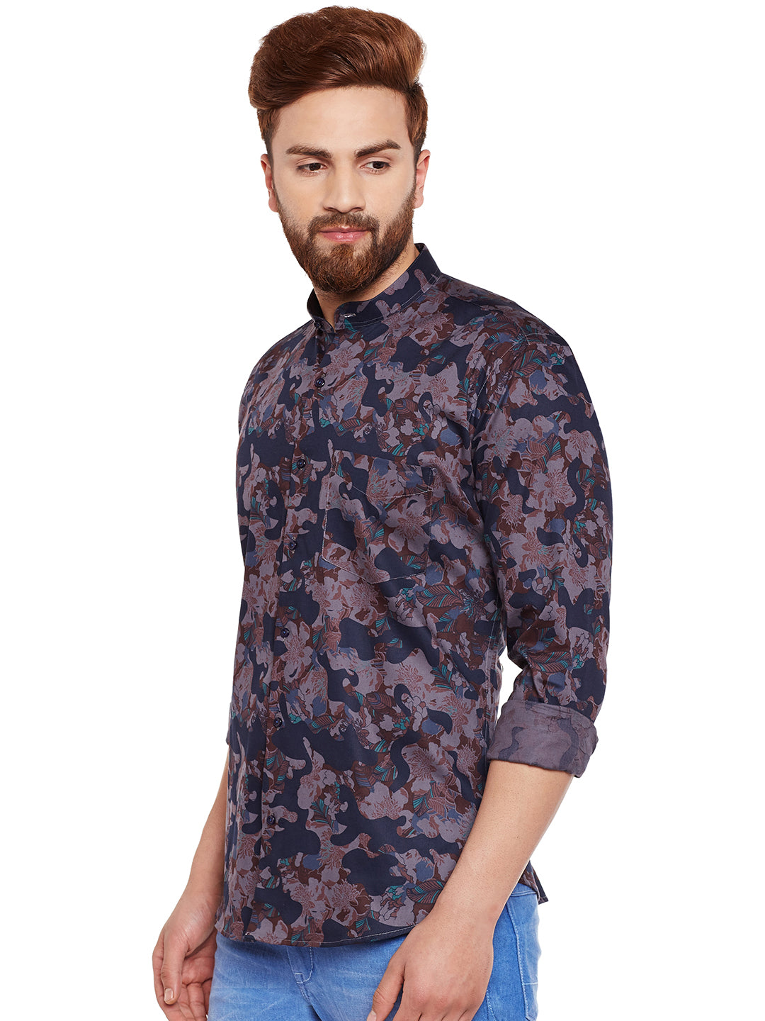 Men Grey Camouflage Printed Pure Cotton Slim Fit Casual Shirt