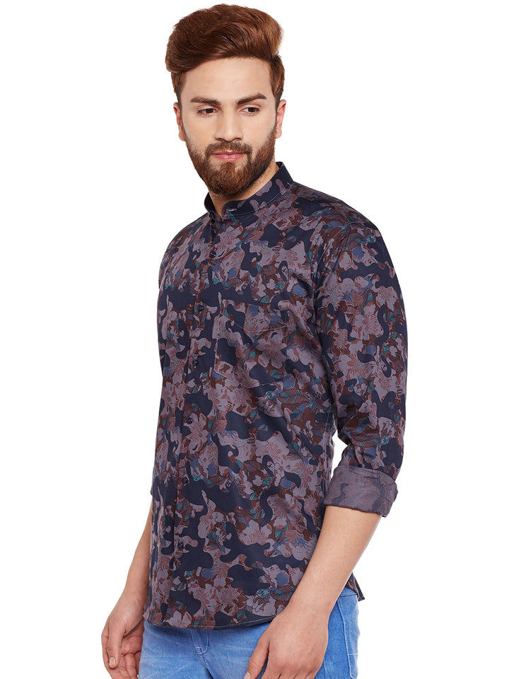 Men Grey Camouflage Printed Pure Cotton Slim Fit Casual Shirt