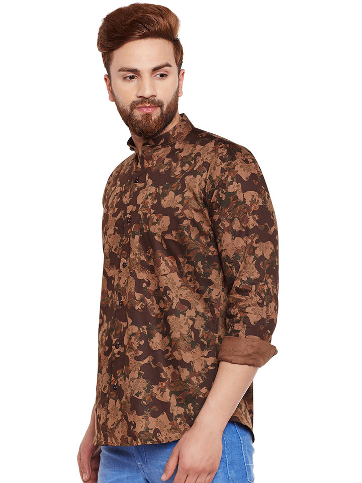 Men Olive Camouflage Printed Pure Cotton Slim Fit Casual Shirt