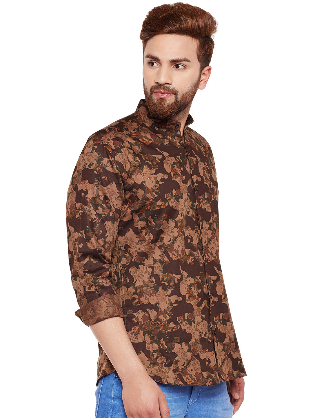 Men Olive Camouflage Printed Pure Cotton Slim Fit Casual Shirt