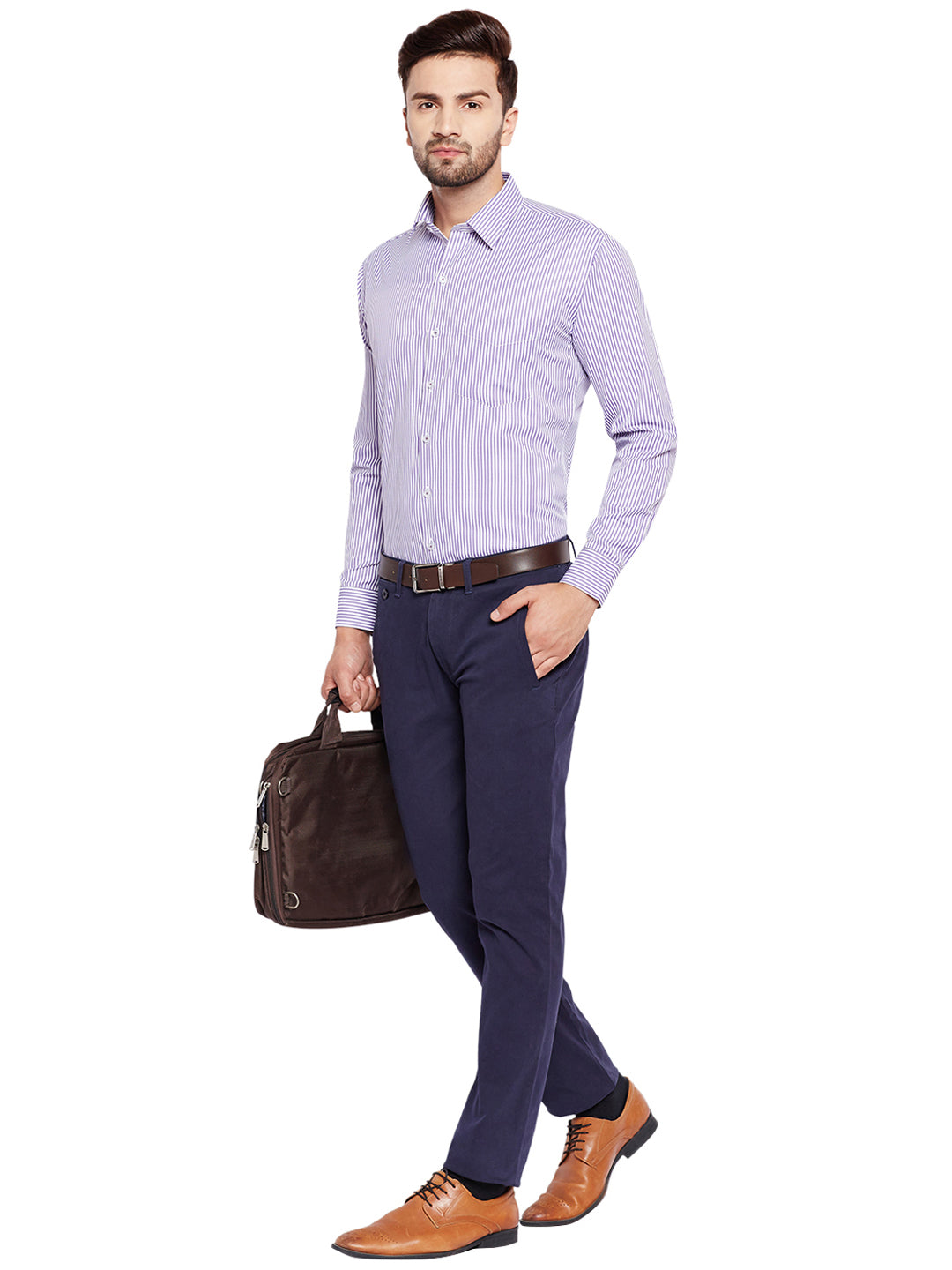 Men Purple Stripes Slim Fit  Cotton Rich Formal Shirt