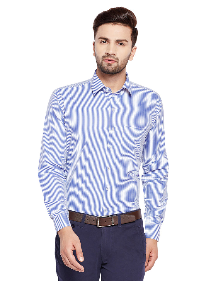 Men Blue Stripes Slim Fit Cotton Rich Formal Shirt