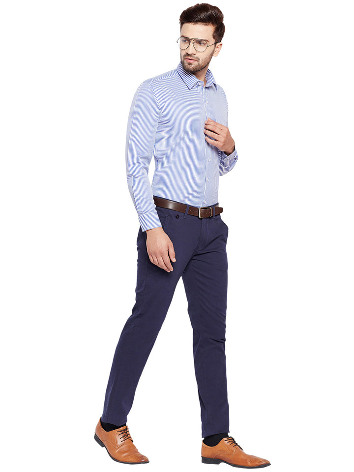 Men Blue Stripes Slim Fit Cotton Rich Formal Shirt