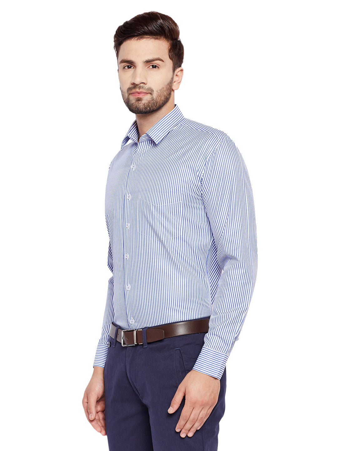 Men Blue Stripes Slim Fit Cotton Rich Formal Shirt