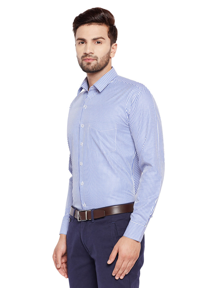Men Blue Stripes Slim Fit Cotton Rich Formal Shirt
