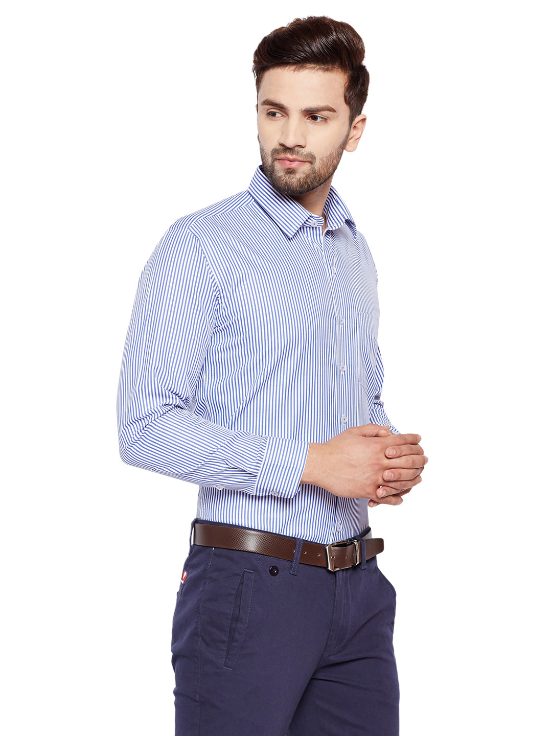 Men Blue Stripes Slim Fit Cotton Rich Formal Shirt