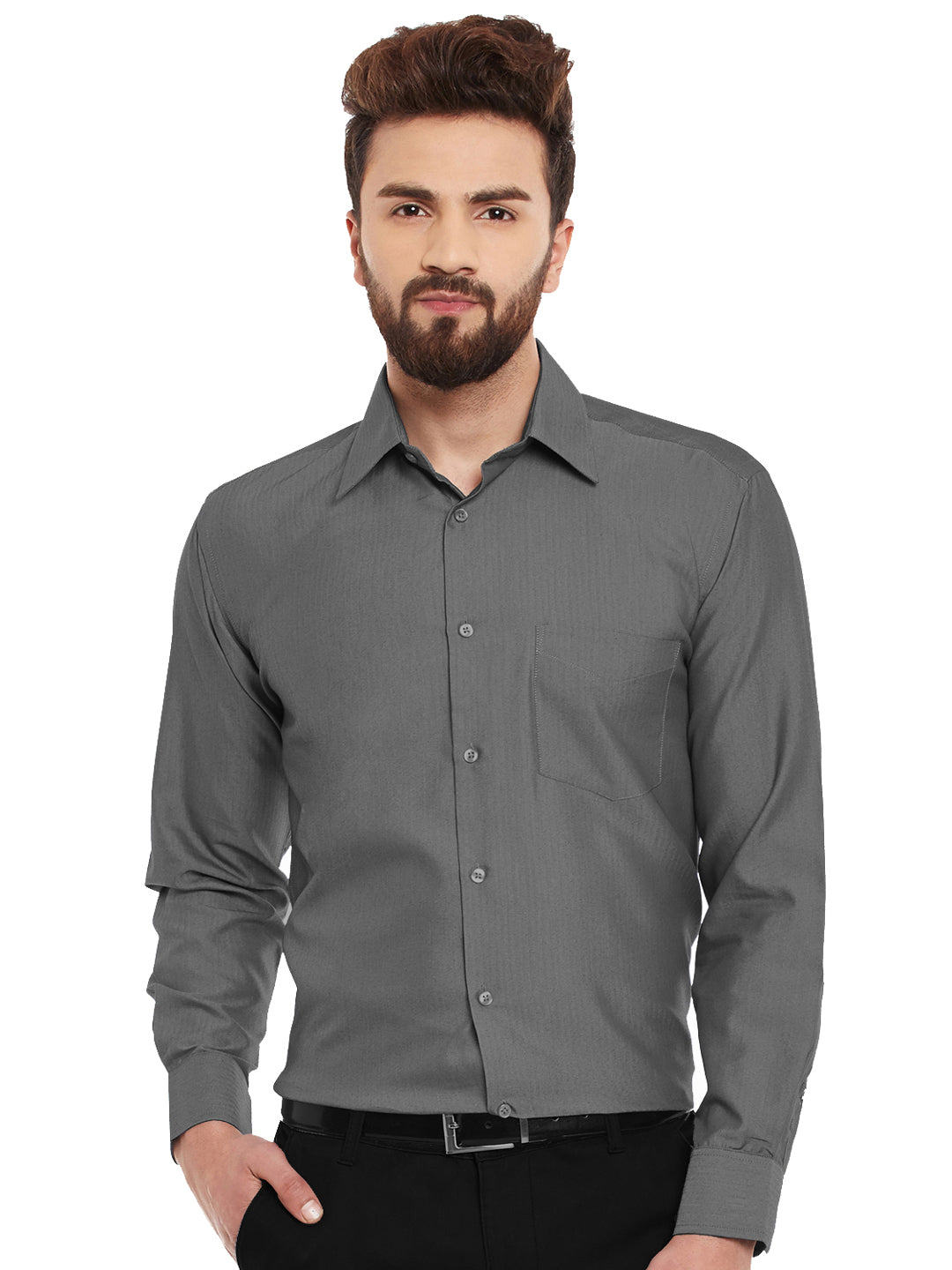 Men Grey Solid Slim Fit Pure Cotton Formal Shirt