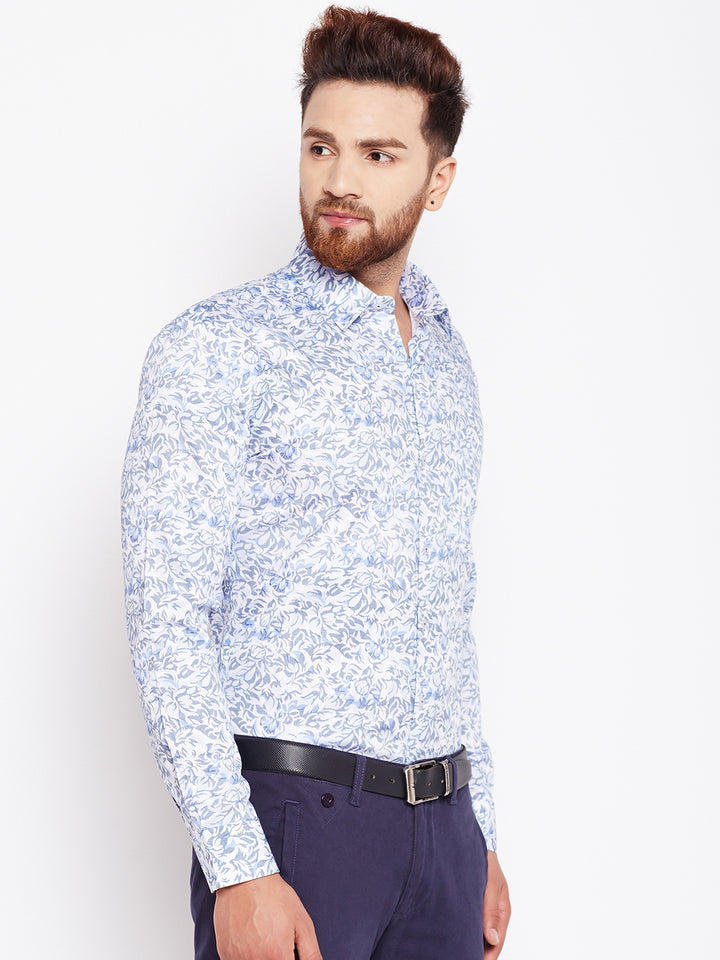 Men White & Blue Printed Pure Cotton Slim Fit Formal Shirt