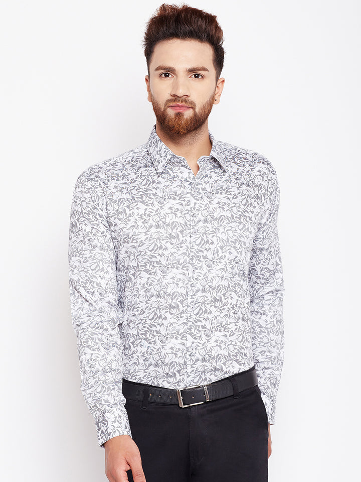 Men White & Grey Printed Pure Cotton Slim Fit Formal Shirt