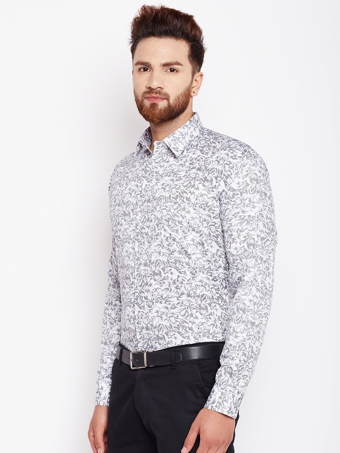 Men White & Grey Printed Pure Cotton Slim Fit Formal Shirt