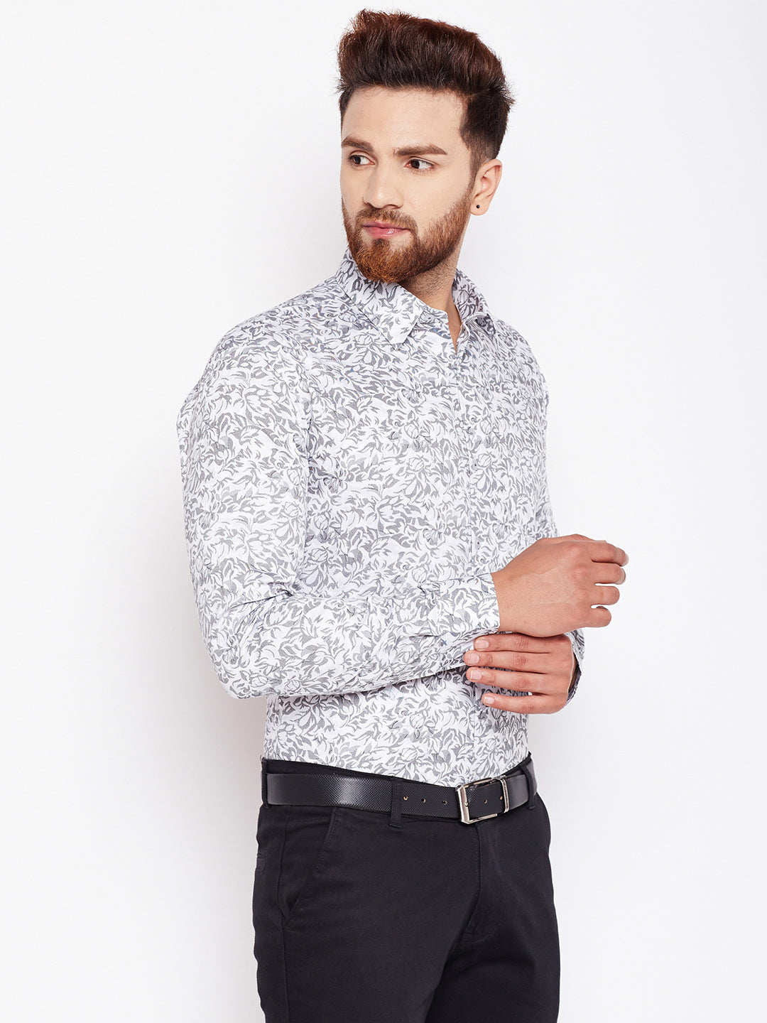 Men White & Grey Printed Pure Cotton Slim Fit Formal Shirt