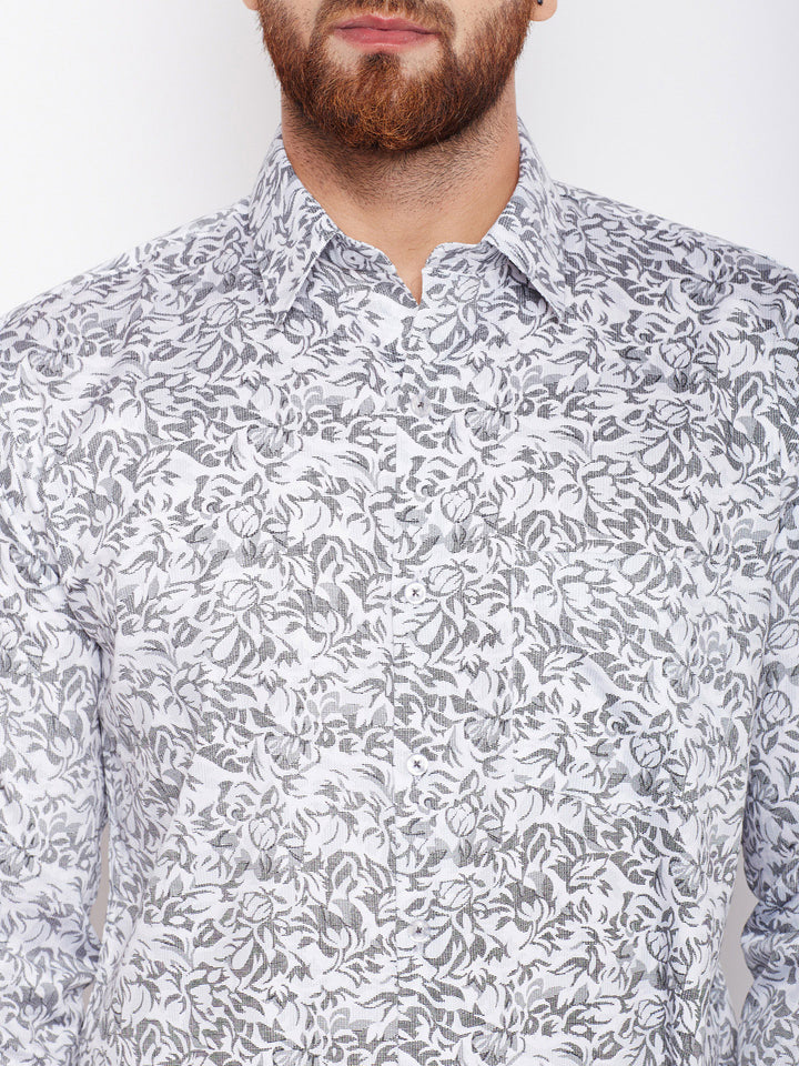 Men White & Grey Printed Pure Cotton Slim Fit Formal Shirt