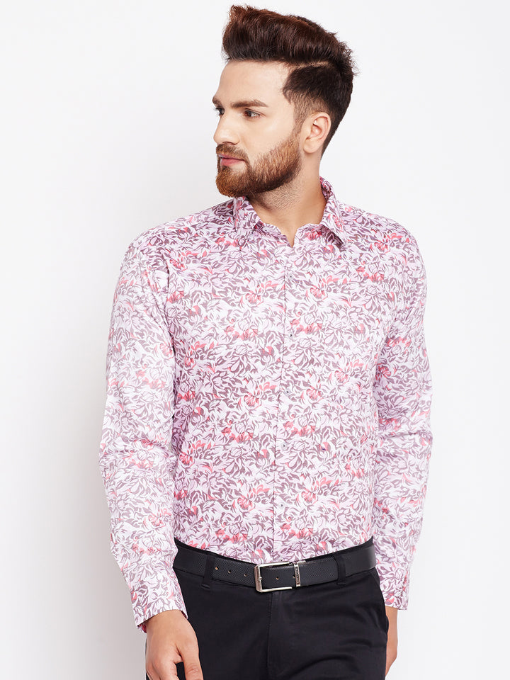 Men White & Red Printed Pure Cotton Slim Fit Formal Shirt