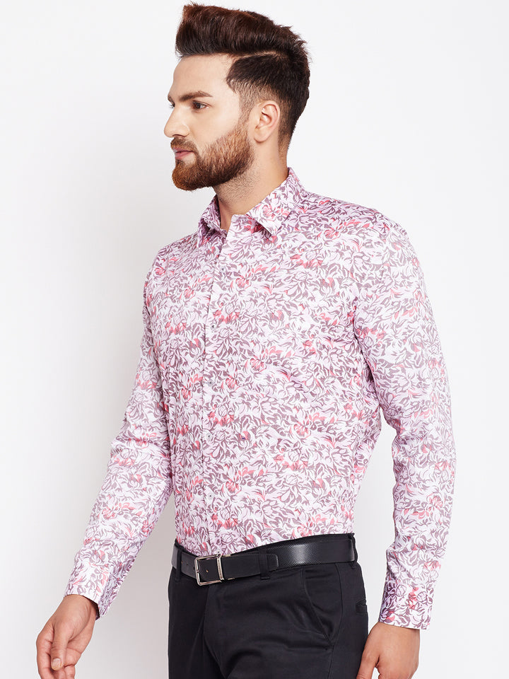 Men White & Red Printed Pure Cotton Slim Fit Formal Shirt