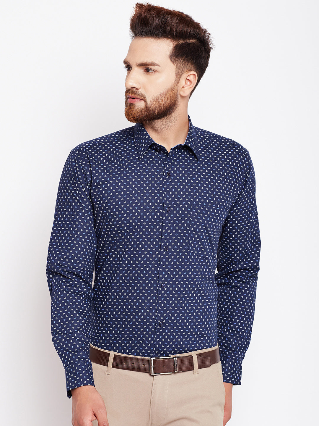 Men Navy Printed Pure Cotton Slim Fit Formal Shirt