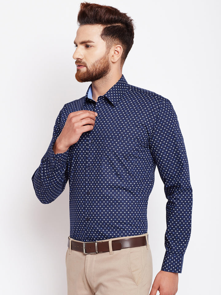 Men Navy Printed Pure Cotton Slim Fit Formal Shirt