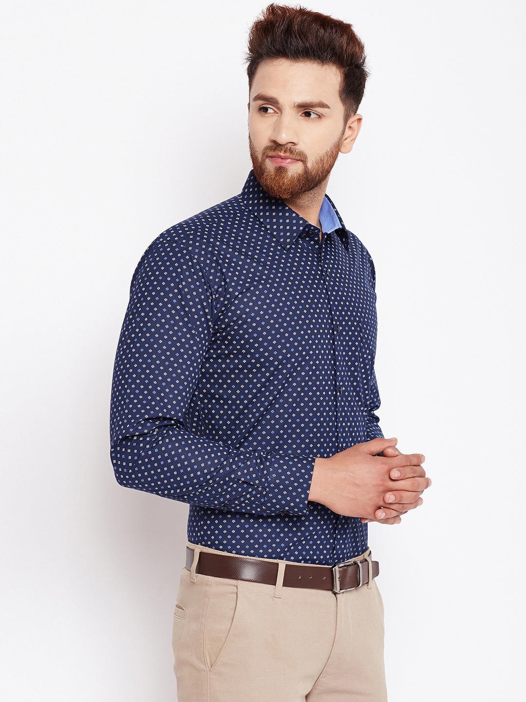 Men Navy Printed Pure Cotton Slim Fit Formal Shirt