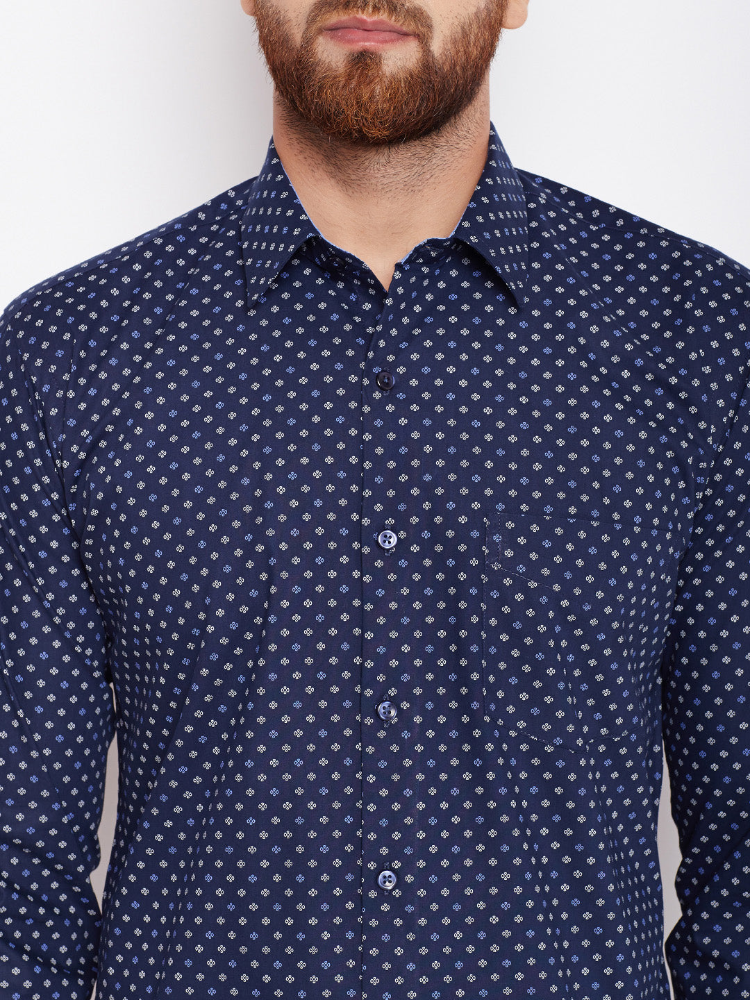 Men Navy Printed Pure Cotton Slim Fit Formal Shirt