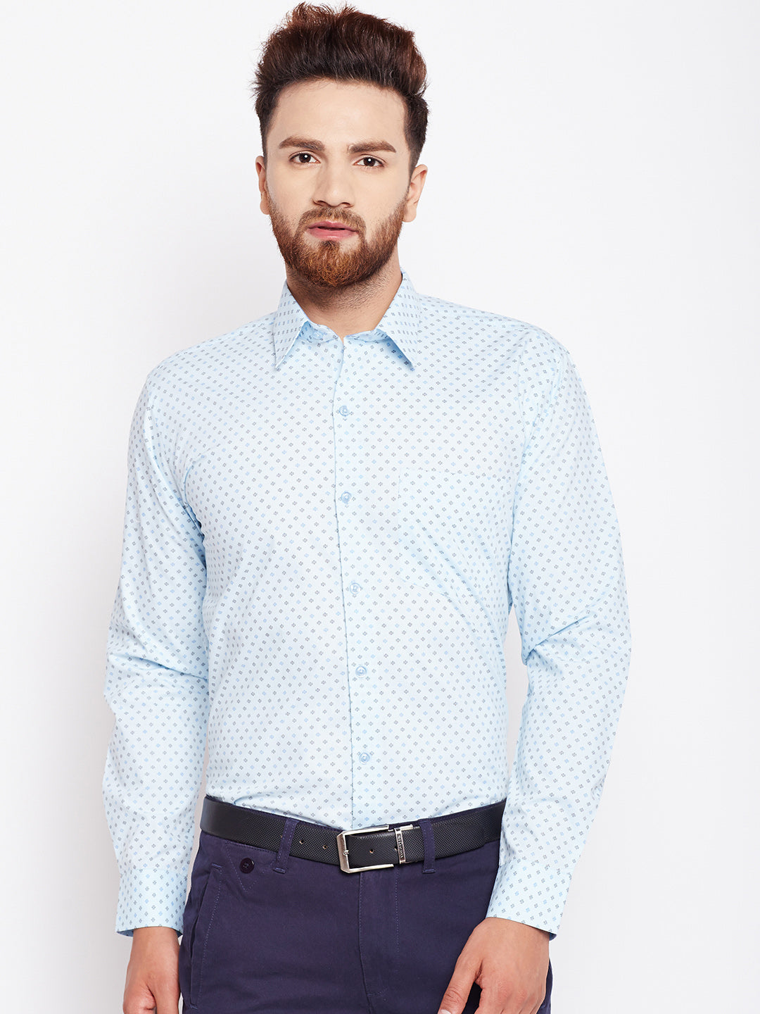 Men Sky Blue Printed Pure Cotton Slim Fit Formal Shirt