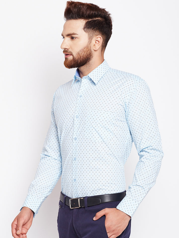 Men Sky Blue Printed Pure Cotton Slim Fit Formal Shirt