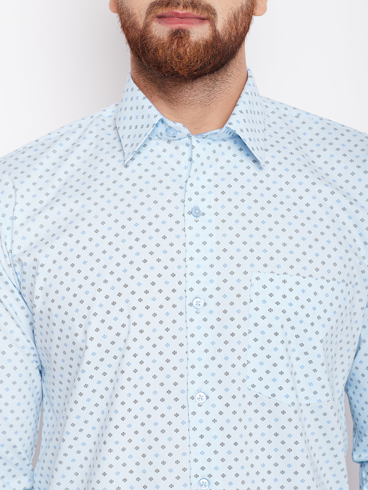 Men Sky Blue Printed Pure Cotton Slim Fit Formal Shirt