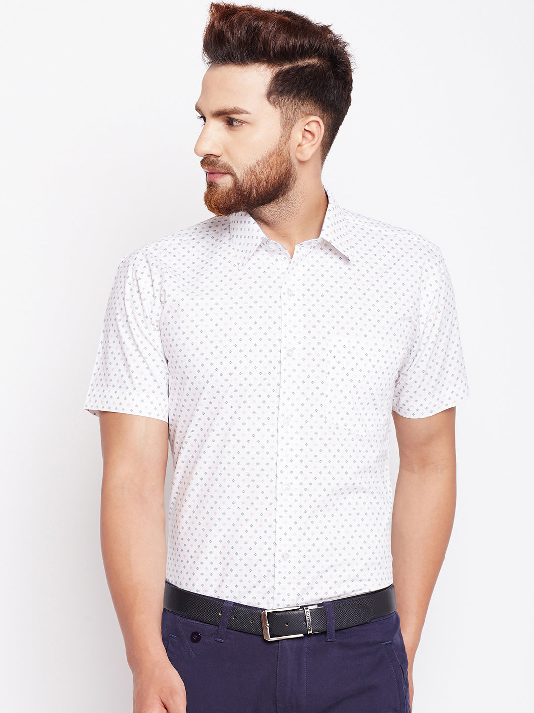 Men White Printed Pure Cotton Slim Fit Formal Shirt