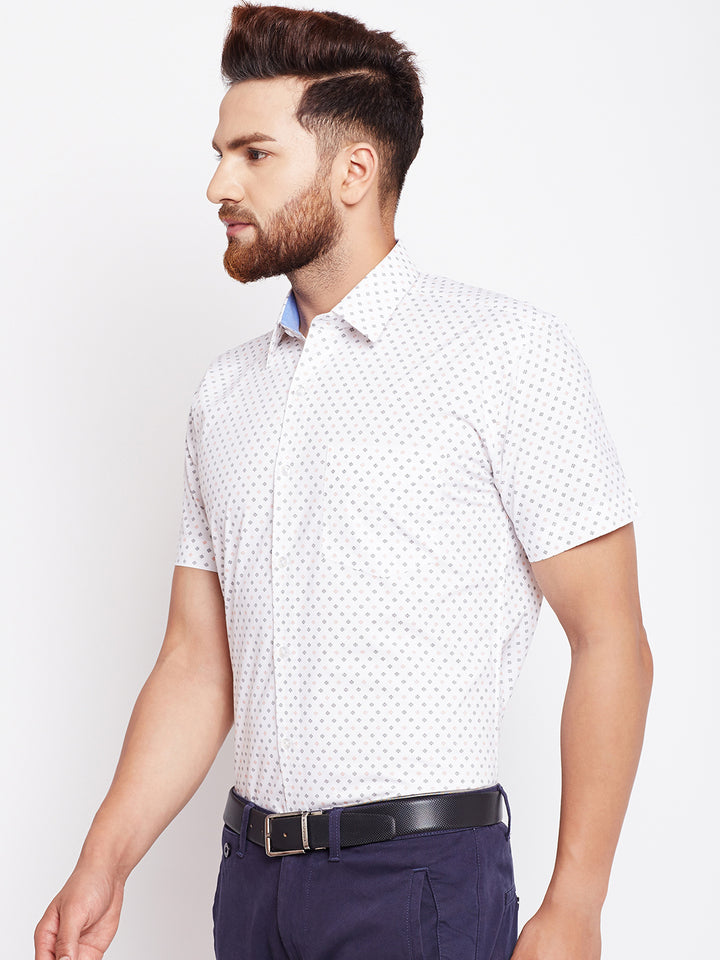 Men White Printed Pure Cotton Slim Fit Formal Shirt