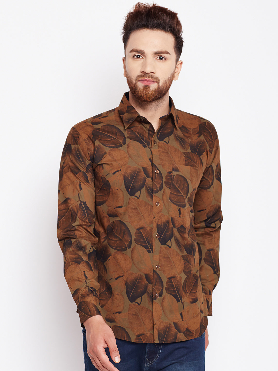 Men Brown Printed Pure Cotton Slim Fit Formal Shirt