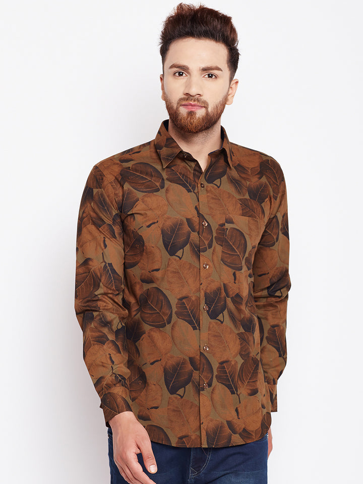 Men Brown Printed Pure Cotton Slim Fit Formal Shirt