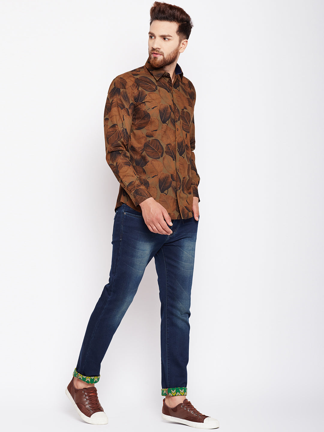 Men Brown Printed Pure Cotton Slim Fit Formal Shirt