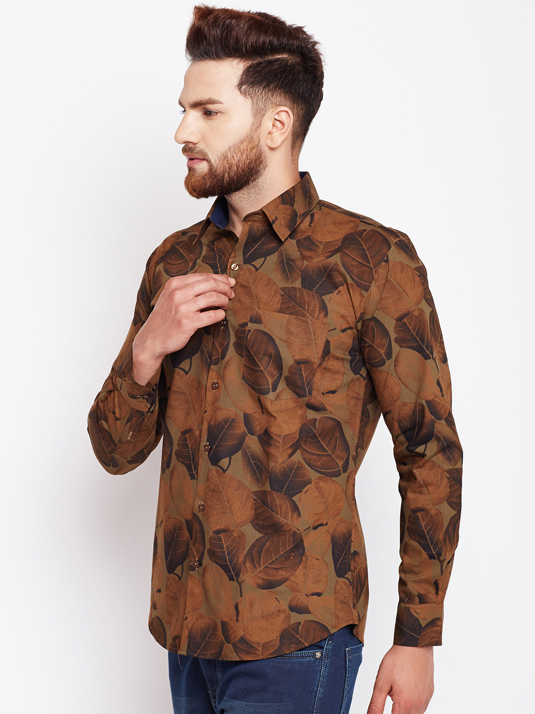 Men Brown Printed Pure Cotton Slim Fit Formal Shirt