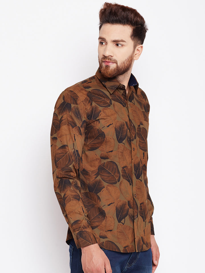 Men Brown Printed Pure Cotton Slim Fit Formal Shirt